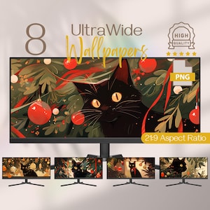 May include: Eight ultra-wide wallpapers featuring a black cat peeking out from behind a Christmas tree decorated with red ornaments and red ribbons. The text "UltraWide Wallpapers" is displayed above the image. The text "21:9 Aspect Ratio" is displayed below the image.