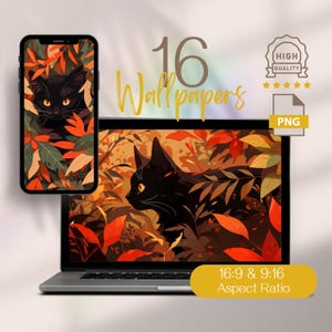 Fondos de pantalla de gato negro y hojas de otoño, fondos de escritorio 4K de octubre para computadora, pantalla de bloqueo de otoño HD para PC, tableta, MacBook y teléfono.