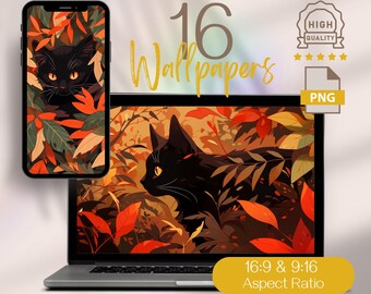 Black Cat Autumn Leaves Wallpaper: 4K Fall Desktop Backgrounds (Digital Downloads)
