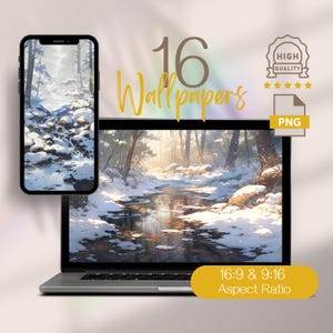 May include: A set of 16 winter forest wallpapers in 16:9 and 9:16 aspect ratios. The image shows a snowy forest scene with a stream running through it. The image is in high quality and is available in PNG format.