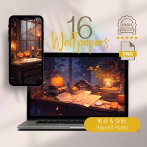 May include: A digital illustration of a spooky Halloween scene with a lit jack-o'-lantern on a desk with books, a lantern, and a bottle. The scene is set in a room with a window and falling leaves. The image is available in 16:9 and 9:16 aspect ratios.