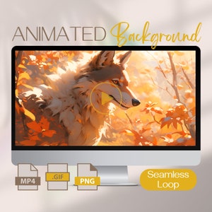 May include: A computer monitor displays an animated background featuring a wolf in an autumn forest. The wolf has brown and white fur, with orange and yellow leaves. The screen shows a play button. Below the monitor are file type icons for MP4, GIF, and PNG, with a "Seamless Loop" label.