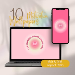 Può includere: Uno sfondo per telefono rosa e giallo con una farfalla e il testo "Sono sicuro, forte e capace". Lo sfondo è progettato per un rapporto di aspetto 16:9 o 9:16.