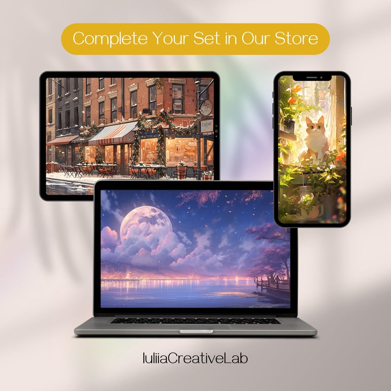 May include: A digital illustration of a cityscape with a full moon in the sky. The illustration is displayed on a laptop computer screen. The laptop is silver with a black keyboard and trackpad. The laptop is sitting on a white surface. The text "luliiaCreativeLab" is displayed below the laptop.