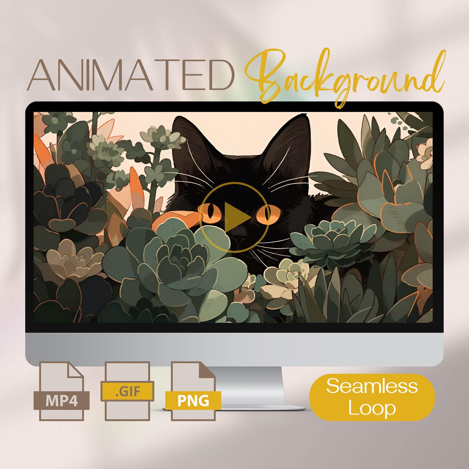 Black Cat and Succulents Animated Wallpaper, 4K Lively Desktop