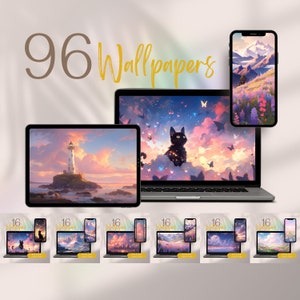 May include: A collection of 96 digital wallpapers featuring various scenes, including a lighthouse on a rocky shore, a black cat on a cloud with butterflies, and a mountain range with wildflowers. The wallpapers are displayed on different devices, including a laptop, tablet, and smartphone.