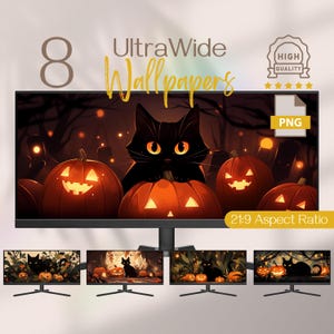 黒猫とハロウィンマジックの超ワイド壁紙、秋をテーマにしたデスクトップの背景に使える不気味なカボチャの秋の風景、猫好きにぴったり