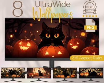 Black Cat Halloween Ultrawide Wallpaper: Spooky Pumpkin Scenes (Digital Download)