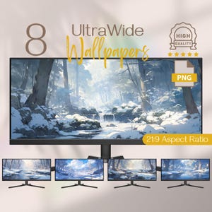 Op de afbeelding: Afbeelding met 8 ultra-brede wallpapers met een beeldverhouding van 21:9. Het hoofdscherm toont een winterlandschap. De afbeelding bevat een "High Quality" badge en een "PNG" label. Vier kleinere schermen worden eronder getoond.
