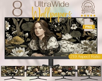 Ophelia’s Drift Ultrawide Wallpapers, 8 Castlecore & Dark Academia Lily Pond 21:9 PNG Backgrounds, Floating Girl Gothic Floral Landscape Art