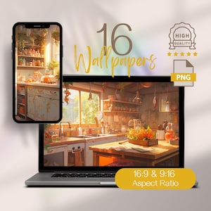 May include: A digital illustration of a kitchen interior with a warm, sunny atmosphere. The kitchen features a wooden table, a sink, cabinets, and a window with a view of a green tree. The kitchen is decorated with plants, flowers, and various kitchen utensils. The image is available in 16:9 and 9:16 aspect ratios.