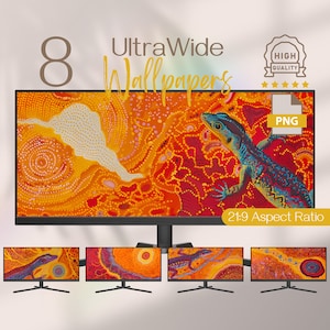May include: Eight ultra-wide wallpapers featuring a colourful abstract design with a lizard in the centre. The design is made up of small dots in shades of orange, yellow, red, and blue. The wallpapers are in PNG format and have a 21:9 aspect ratio.