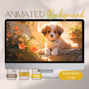 Animated Puppy and Plants Wallpaper, Cute iPad and Desktop Live Background, High-Resolution Animated GIF for PC, Moving Computer Screensaver