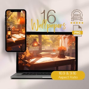 Puede incluir: Una ilustración digital de un escritorio con una lámpara, libros y una ventana con follaje de otoño. El escritorio está hecho de madera y tiene un ambiente cálido y acogedor. La imagen está en una relación de aspecto de 16:9 y 9:16.