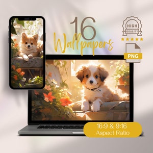 Pode incluir: Uma ilustração digital de um lindo cachorrinho marrom e branco sentado em um banco de madeira em um quarto ensolarado. O cachorrinho está olhando para a câmera com grandes olhos castanhos. Há plantas verdes no fundo.
