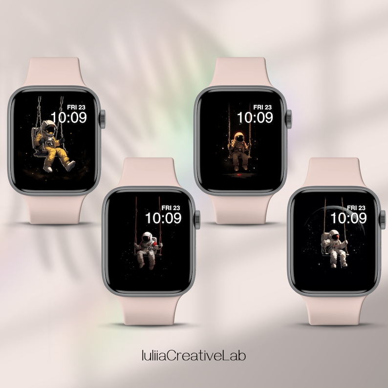 May include: Three Apple Watch faces with a black background and a white astronaut sitting on a swing in space. The time is 10:09 and the day is Friday the 23rd.