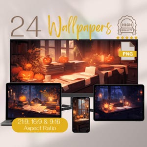 May include: A set of 24 Halloween-themed digital wallpapers featuring a spooky, autumnal scene with a desk, books, candles, and jack-o'-lanterns. The wallpapers are available in 21:9, 16:9, and 9:16 aspect ratios.