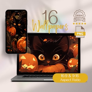 Puede incluir: Un conjunto de 16 fondos de pantalla para teléfono con temática de Halloween que presentan un gato negro con calabazas naranjas. Los fondos de pantalla están disponibles en las relaciones de aspecto 16:9 y 9:16. El texto "16 Wallpapers" se muestra en una fuente grande sobre la imagen. El texto "High Quality" se muestra en un círculo con una calificación de estrellas debajo. El texto "PNG" se muestra en un rectángulo debajo de la calificación de estrellas.