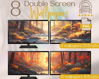 Papiers peints d'automne pour deux écrans - Paysages forestiers d'automne, grands fonds d'écran pour une décoration de bureau en automne, double écran d'automne