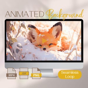 May include: Animated background featuring a fox with orange fur lying in the snow. The fox is looking at the viewer with its eyes closed. The background is a snowy forest with trees and branches. The animation is a seamless loop.