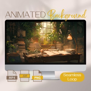 May include: Animated background featuring a cozy study with a desk, books, plants, and a window. The scene is lit by warm sunlight streaming through the window. The background is available in MP4, GIF, and PNG formats. Seamless loop.