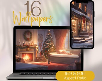 May include: A digital illustration of a cozy Christmas scene with a decorated Christmas tree, a fireplace with a roaring fire, and a bed with pillows and blankets. The scene is set in a room with a wreath on the wall and a window with a view of a snowy street. The image is available in 16:9 and 9:16 aspect ratios.