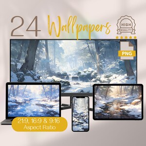 Könnte beinhalten: Ein Set mit 24 digitalen Hintergrundbildern, die eine verschneite Waldszene mit einem Bach und einem Wasserfall zeigen. Die Hintergrundbilder sind in drei Seitenverhältnissen verfügbar: 21:9, 16:9 und 9:16.