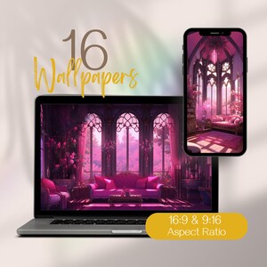 Puede incluir: Una ilustración digital de una habitación con grandes ventanas, un sofá y una silla. La habitación está decorada en estilo gótico con acentos rosas y morados. El texto "16:9 & 9:16 Aspect Ratio" se muestra debajo de la imagen.
