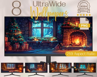 Christmas Anime Fireplace Ultrawide Wallpaper: 4K Festive Desktop Decor (Digital Download)