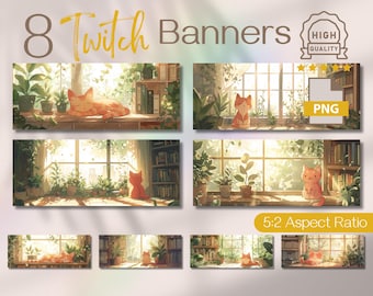 Cute Red Cat among Books and Plants Twitch Banner, Kawaii Streaming Background Design, Perfect Twitch Channel Art, Gift for Twitch Streamers