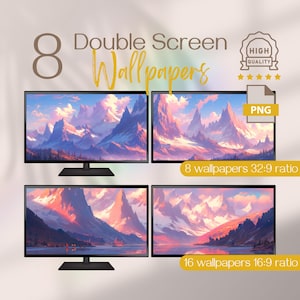 Vinterland med dubbla bildskärmar, rosa snötäckta toppar och bergslandskapsbakgrunder i HD, utökad skrivbordsbakgrund för vinterscener