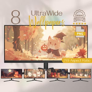 May include: Eight ultra-wide wallpapers featuring a cute cat in a witch hat holding a jack-o-lantern in an autumn forest setting. The wallpapers are in PNG format and have a 21:9 aspect ratio.