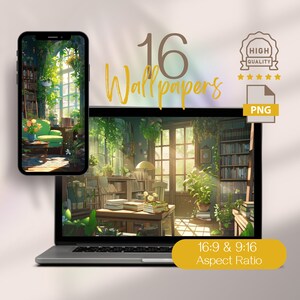 May include: A laptop and smartphone display a digital illustration of a sunlit room with plants and books. The image includes the text "16 Wallpapers", a "High Quality" badge, and a "PNG" file type label. The aspect ratio is 16:9 & 9:16.