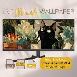 Peut inclure: Un écran d'ordinateur affiche une illustration numérique d'un chat noir aux yeux jaunes, entouré de plantes en pot. Le texte "LIVE Ultrawide WALLPAPER" est en haut. En dessous, des icônes de type de fichier pour MP4, GIF et PNG, et une bannière jaune avec du texte sur une vidéo de 10 secondes.