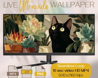 Ultrawide Black Cat Live Wallpaper: Botanical Desktop Background (Digital Download, 5012x2160 MP4 Loop)