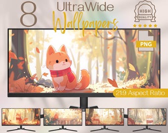 Cute Red Cat and Cozy Autumn Wallpapers Widescreen, Adorable Kawaii Aesthetic Ultrawide Background for Fall, Seasonal Desktop Computer Décor