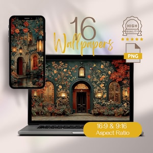 May include: A laptop and smartphone display a digital wallpaper with a detailed illustration of a building with arched doorways, lanterns, and floral accents. The image is labeled "16 Wallpapers" and "High Quality" with a PNG file type.