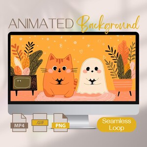 Puede incluir: Un monitor de computadora muestra una escena de dibujos animados con un gato naranja y un fantasma sosteniendo controladores, sobre un fondo naranja con plantas. Las palabras "ANIMATED Background" están en la parte superior. Debajo hay iconos de tipo de archivo: MP4, GIF y PNG, con una etiqueta "Seamless Loop".