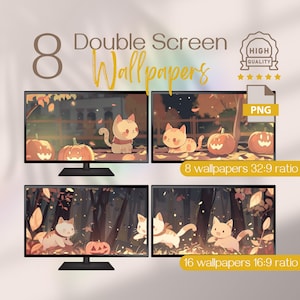 Halloweenhöststämningar för utökad skrivbordsbakgrund, söt röd katt och roliga Halloween-bakgrunder, kusliga höstscener för dubbelskärmsinstallation