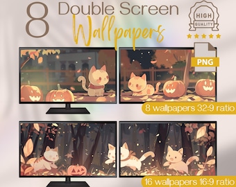 Halloween Fall Vibes for Extended Desktop Background, Cute Red Cat and Halloween Fun Wallpapers, Spooky Autumn Scenes for Dual Monitor Setup
