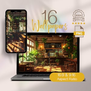 Puede incluir: Una ilustración digital del interior de una cafetería con suelos de madera, mesas, sillas y plantas. La cafetería tiene un mostrador con una caja registradora y un cartel que dice "Bienvenido". La cafetería está iluminada por la luz del sol que entra por las ventanas.