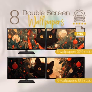 Charming Black Cat Xmas Dual Monitor Wallpapers, 4K High Definition Christmas Backgrounds, Whimsical Aesthetic Double Screen Backgrounds