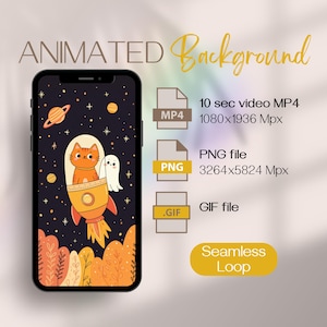 Fondo de pantalla animado de gato rojo y fantasma: fondo de pantalla animado kawaii para teléfono: lindos maullidos y abucheos de Halloween para iPhone y Android
