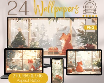 Cute Red Cat and Christmas Magic Wallpapers Pack, Adorable Xmas Desktop and Phone Screen Design, Ultrawide Widescreen Computer Wallpapers