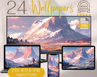 Pink Snowy Peaks Wallpaper Pack: Winter Landscape Backgrounds (Mobile, Laptop, Desktop)