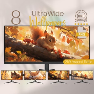 Op de afbeelding: Acht ultrabrede wallpapers met herfstscènes met dieren. De hoofdafbeelding toont een eekhoorn op een tak met rode bessen en herfstbladeren. De andere afbeeldingen tonen een wolf, een vos, een konijn en een roodborstje.