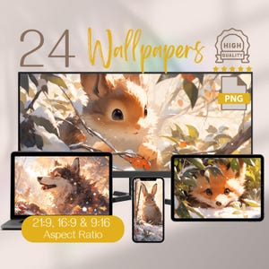 May include: A set of 24 digital wallpapers featuring cute animal illustrations in various aspect ratios: 21:9, 16:9, and 9:16. The images include a brown bunny, a wolf, and a fox in a snowy forest setting.