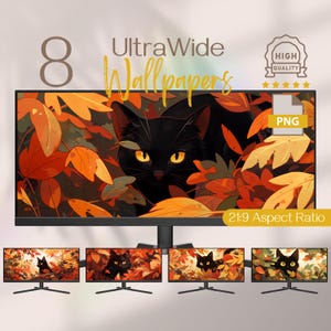 May include: Eight ultra-wide wallpapers featuring a black cat peeking through a backdrop of orange, yellow, and green autumn leaves. The text "UltraWide Wallpapers" and "21:9 Aspect Ratio" are visible on the image.