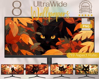 Black Cat Amidst Autumn Leaves Ultrawide Wallpapers, Stunning Fall 4K Ultra HD Fall Backgrounds for Widescreen Computer and PC Monitors
