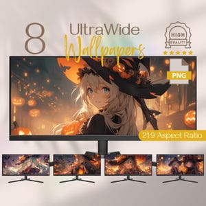 May include: Eight Halloween-themed ultra-wide wallpapers featuring an anime girl in a witch hat. The wallpapers are in a 21:9 aspect ratio and are high quality. PNG.
